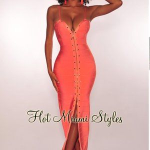 NWT Coral Gold Zipper Studded Bandage Maxi Dress